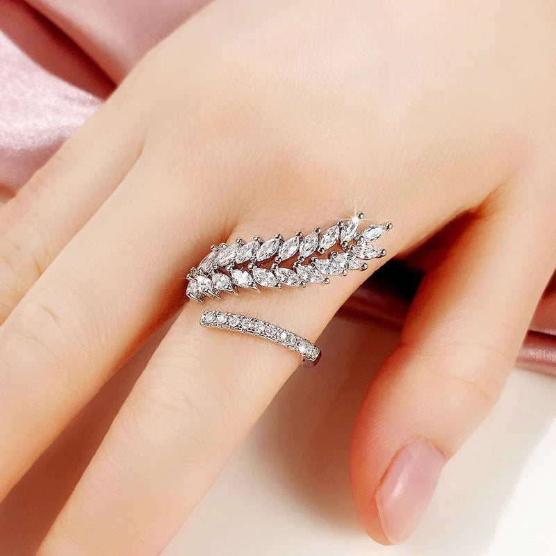Driara 0146 Silver Plated Leaf Design CZ Stone Adjustable Finger Ring | Premium Crystal Ring for Women & Girls