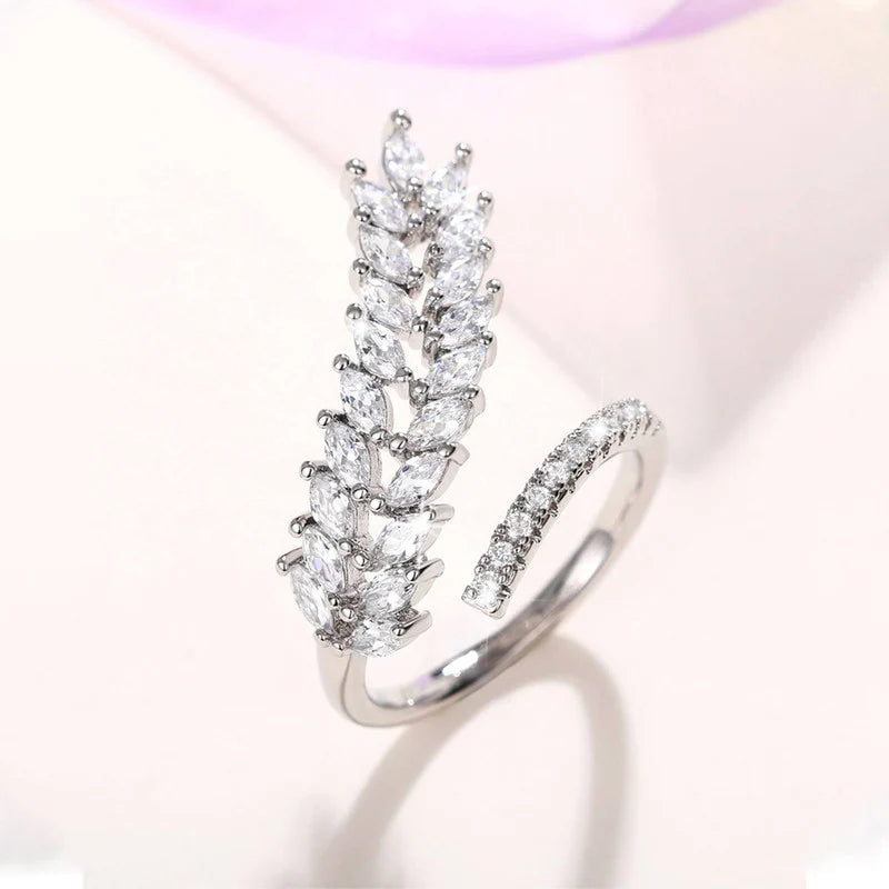 Driara 0146 Silver Plated Leaf Design CZ Stone Adjustable Finger Ring | Premium Crystal Ring for Women & Girls