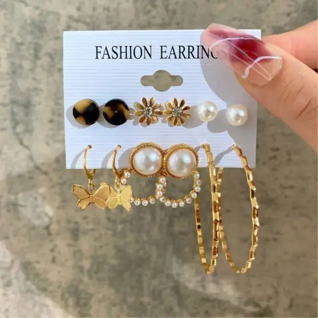 Driara 0123  6-Pair Pearl, Bow & Gold Hoop Earring Combo | Trendy Studs & Hoops Set for Women & Girls