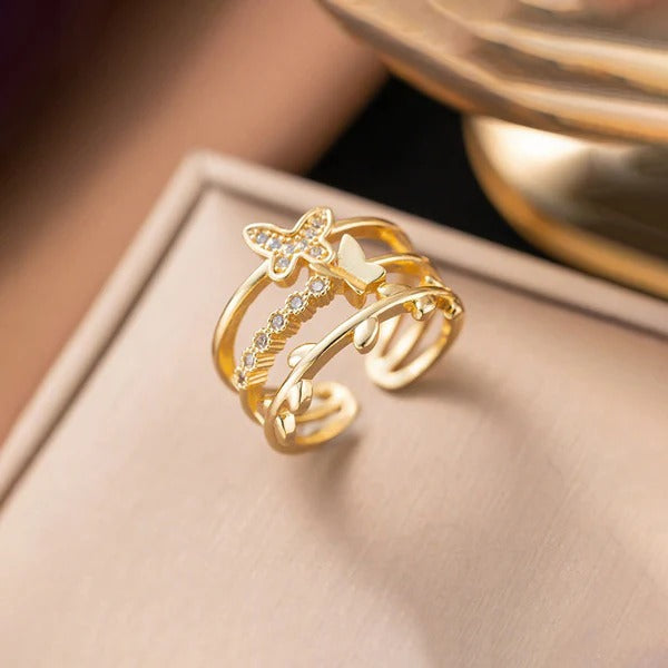 Driara 074 Butterfly Golden Adjustable Ring for Women & Girls | Triple Layer Designer Ring | Anti-Tarnish Korean Style Jewellery