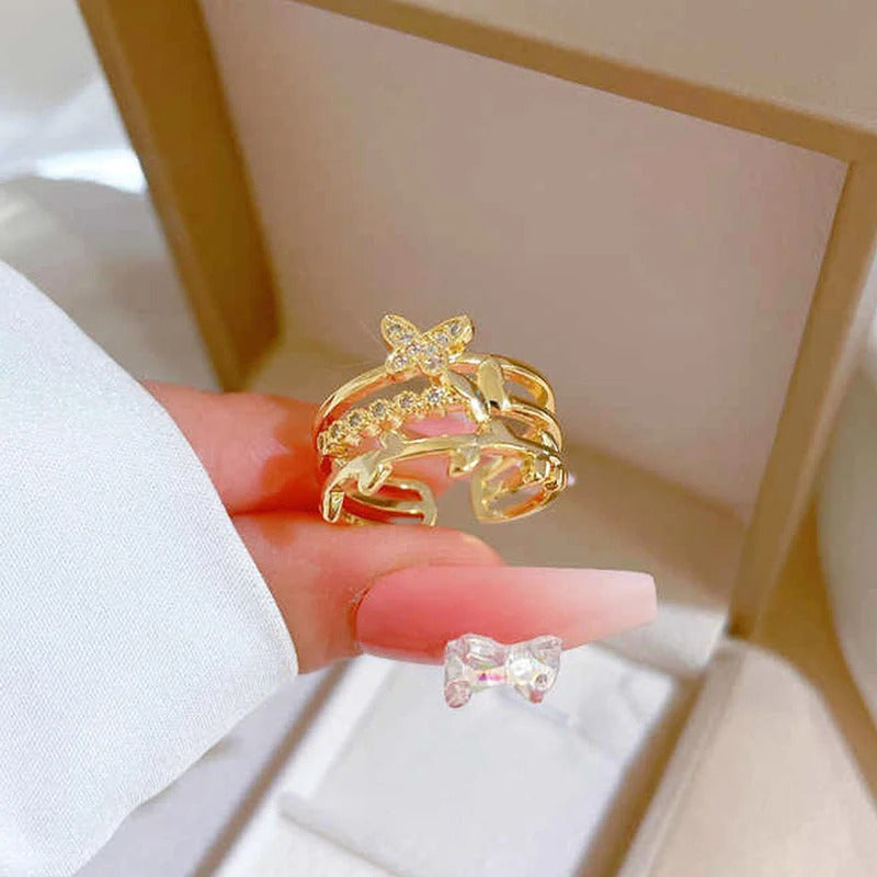 Driara 074 Butterfly Golden Adjustable Ring for Women & Girls | Triple Layer Designer Ring | Anti-Tarnish Korean Style Jewellery