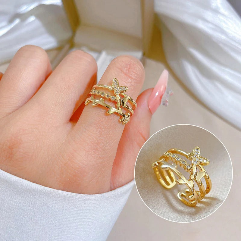 Driara 074 Butterfly Golden Adjustable Ring for Women & Girls | Triple Layer Designer Ring | Anti-Tarnish Korean Style Jewellery