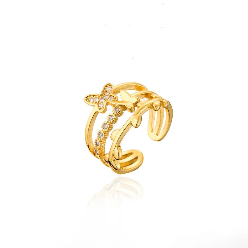 Driara 074 Butterfly Golden Adjustable Ring for Women & Girls | Triple Layer Designer Ring | Anti-Tarnish Korean Style Jewellery