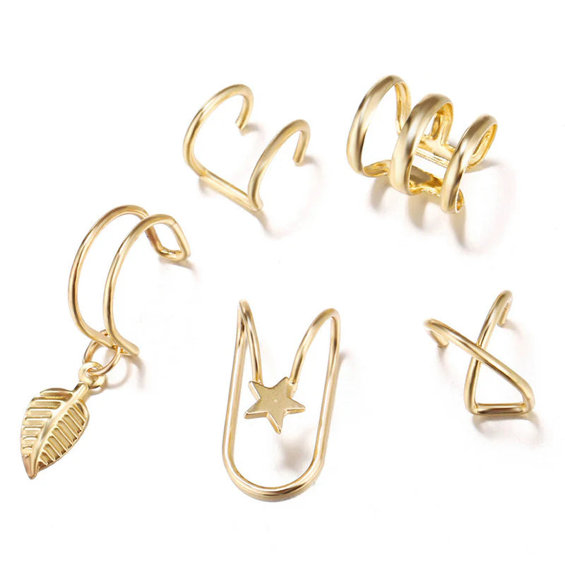 DRIARA 0106 Gold-Plated Korean Minimal Ear Cuff Earring Set for Women & Girls | 5-Piece Non-Pierced Stylish Ear Cuffs