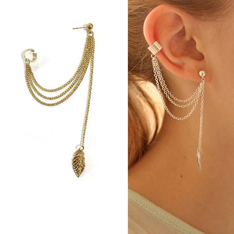 Driara 012 Gold Plated Chain Ear Cuff & Drop Earrings for Women & Girls – Korean Style Non-Piercing Chain Earring