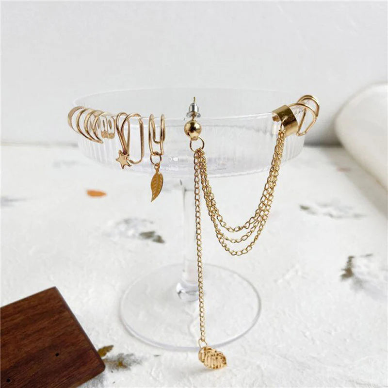 Driara 012 Gold Plated Chain Ear Cuff & Drop Earrings for Women & Girls – Korean Style Non-Piercing Chain Earring