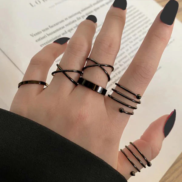 Driara 0137  Black Trendy Finger Rings Set of 5 | Adjustable Korean Style Fashion Rings for Women & Girls