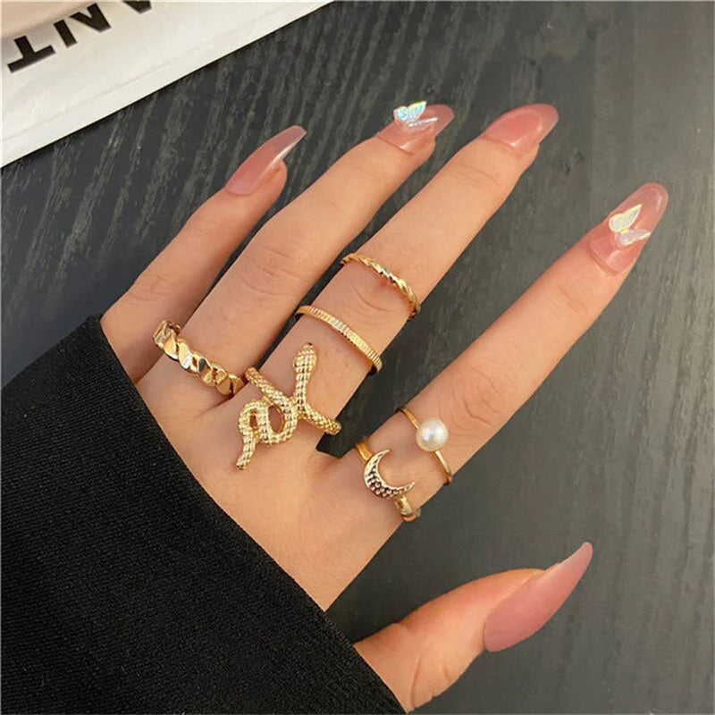 Driara 0139 Gold Plated Snake, Butterfly & Chain Design Rings | Set of 6 Adjustable Trendy Rings for Women & Girls