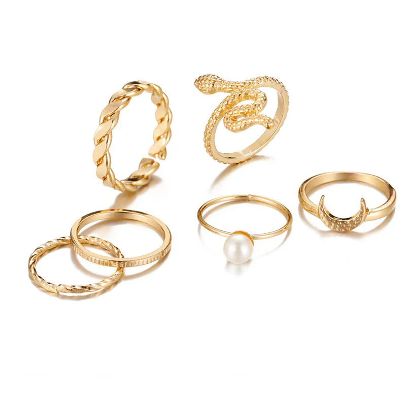 Driara 0139 Gold Plated Snake, Butterfly & Chain Design Rings | Set of 6 Adjustable Trendy Rings for Women & Girls
