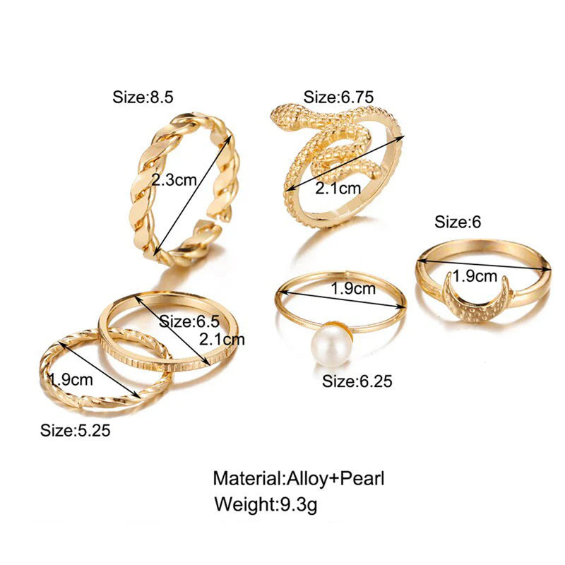 Driara 0139 Gold Plated Snake, Butterfly & Chain Design Rings | Set of 6 Adjustable Trendy Rings for Women & Girls