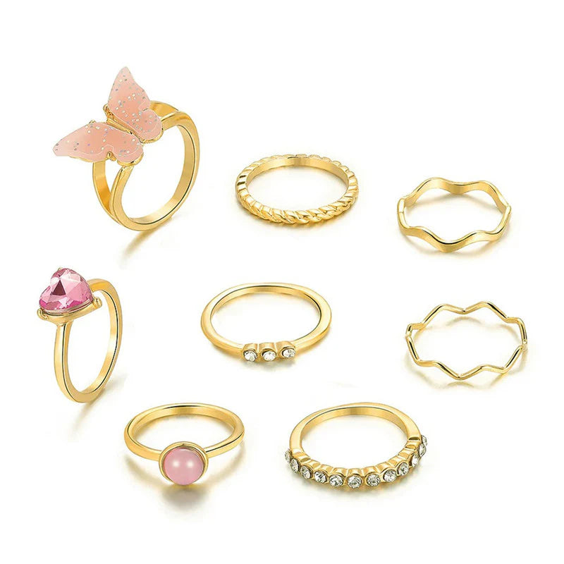 Driara 0138  Gold Plated Butterfly & Pink Stone Stackable Rings | Set of 8 Adjustable Trendy Rings for Women & Girls
