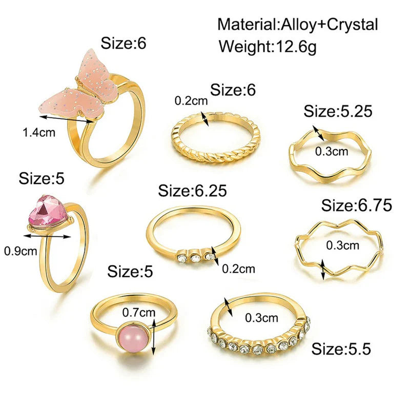 Driara 0138  Gold Plated Butterfly & Pink Stone Stackable Rings | Set of 8 Adjustable Trendy Rings for Women & Girls