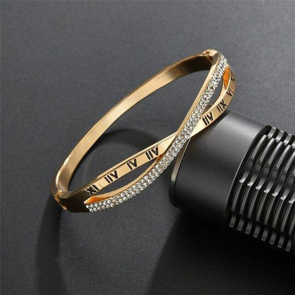 DRIARA 0108 Roman Number Stylish Bracelet for Women | Gold-Plated & Diamond Studded | Premium Adjustable Bangle