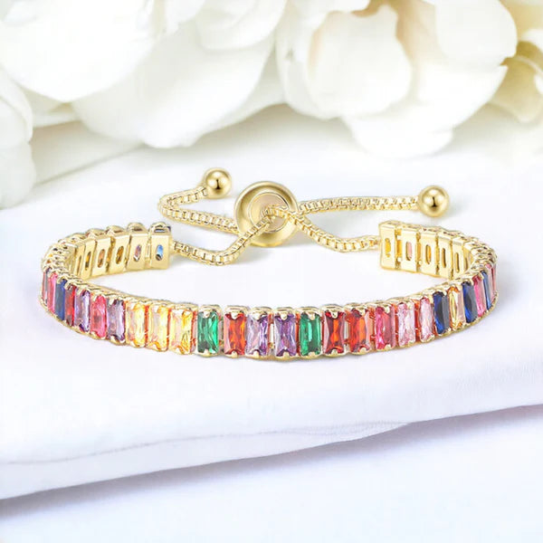 DRIARA 0111 Gold-Plated Multicolor Zirconia Tennis Bracelet for Women | Adjustable Crystal Bracelet