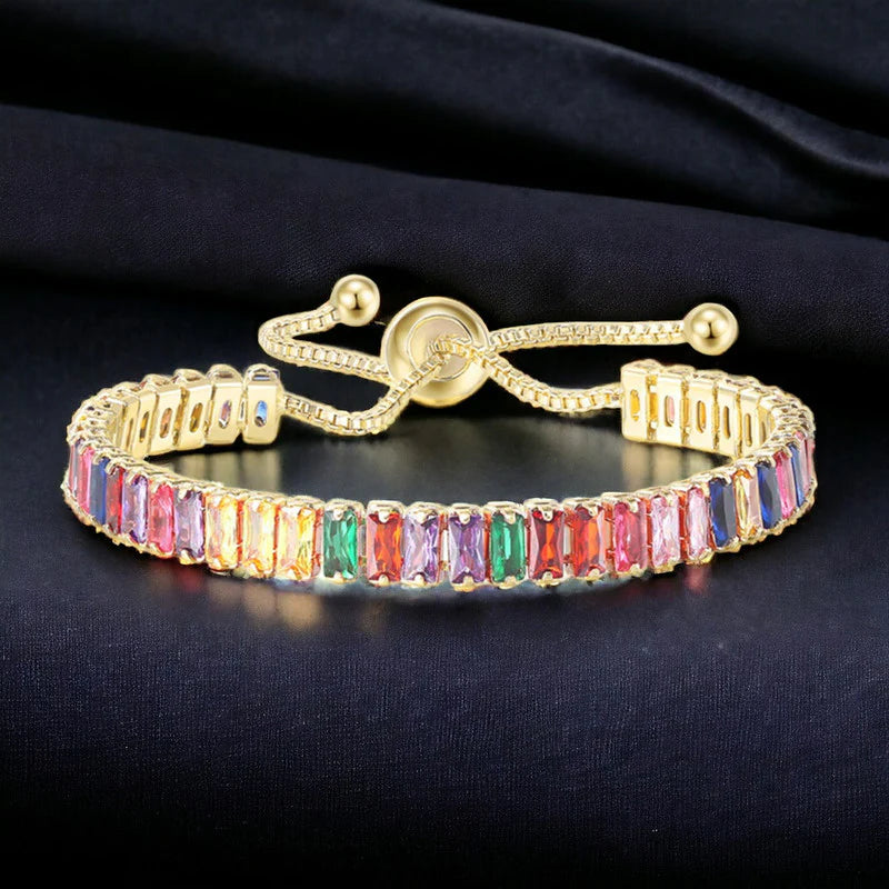 DRIARA 0111 Gold-Plated Multicolor Zirconia Tennis Bracelet for Women | Adjustable Crystal Bracelet