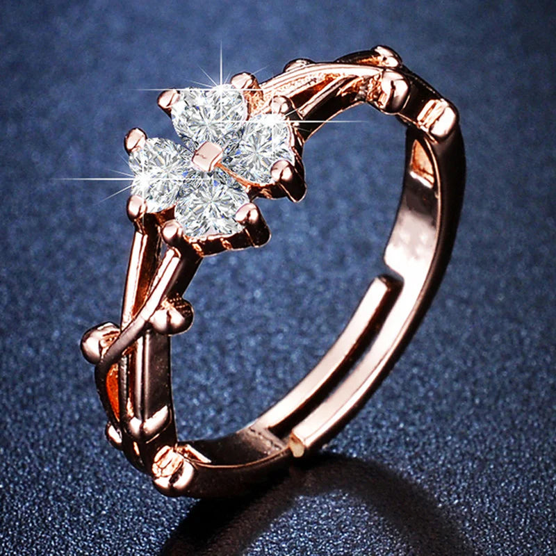 DRIARA 0170 Rose Gold Plated Floral American Diamond Adjustable Ring | Premium CZ Finger Ring for Women & Girls