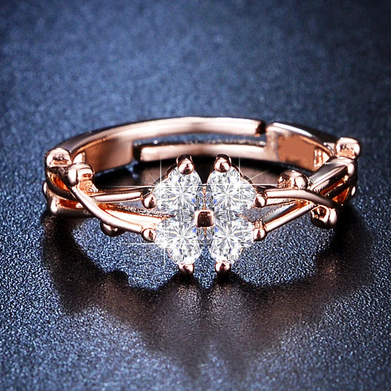 DRIARA 0170 Rose Gold Plated Floral American Diamond Adjustable Ring | Premium CZ Finger Ring for Women & Girls