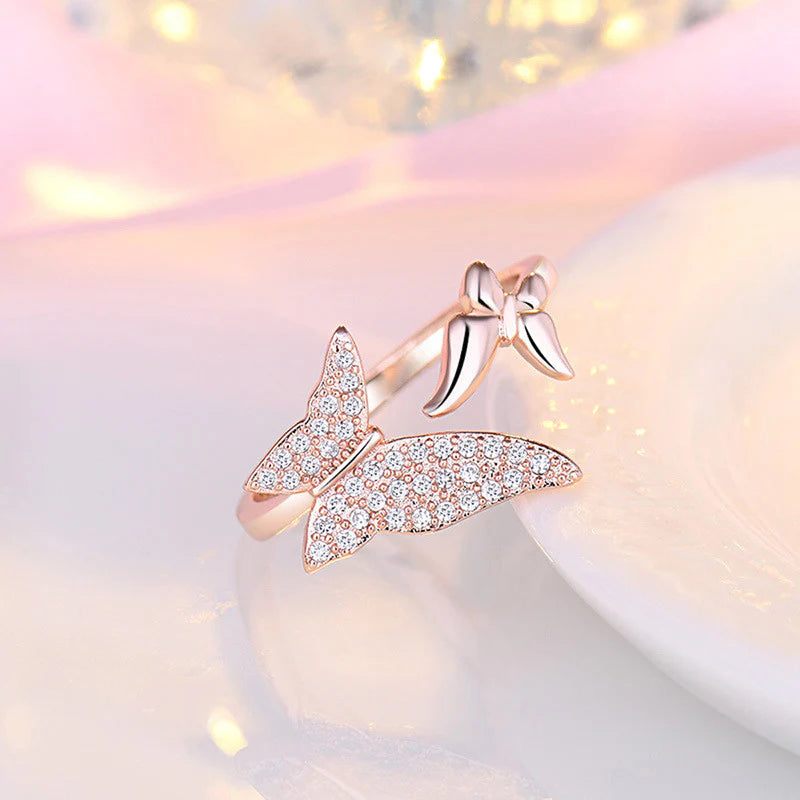 Driara 0131  Rose Gold Butterfly AD Stone Finger Ring | Adjustable Korean Style Sparkling Butterfly Ring for Women & Girls