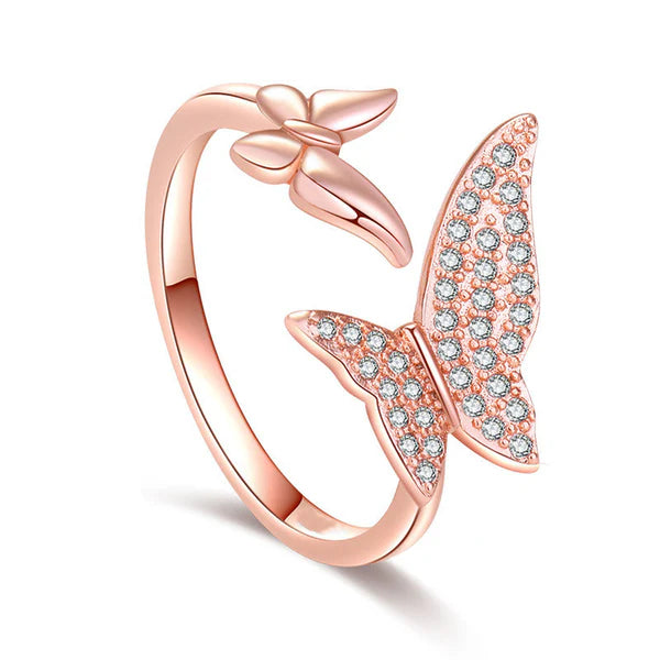 Driara 0131  Rose Gold Butterfly AD Stone Finger Ring | Adjustable Korean Style Sparkling Butterfly Ring for Women & Girls