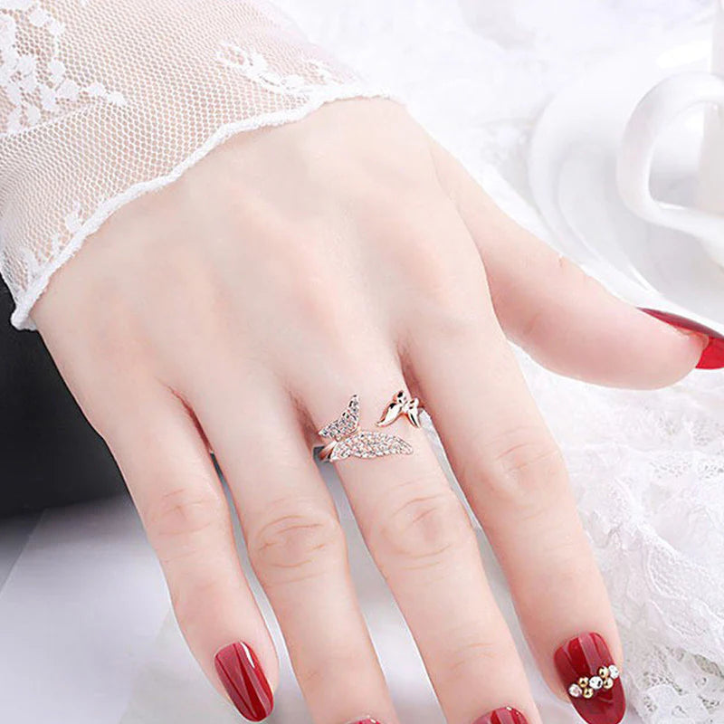 Driara 0131  Rose Gold Butterfly AD Stone Finger Ring | Adjustable Korean Style Sparkling Butterfly Ring for Women & Girls
