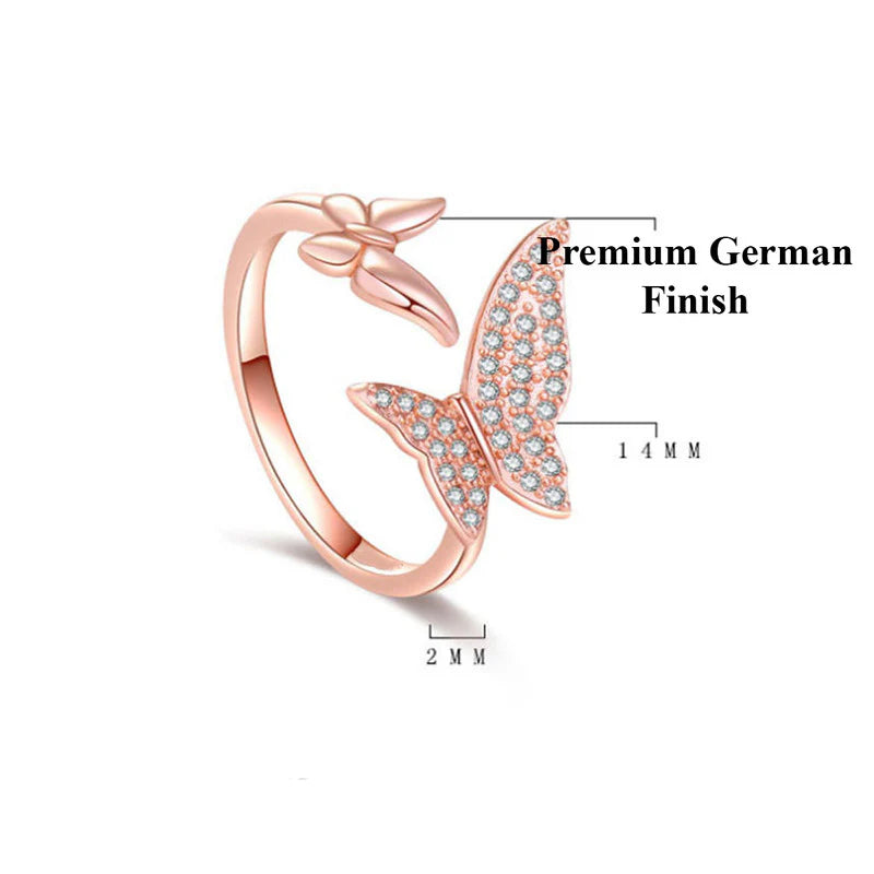 Driara 0131  Rose Gold Butterfly AD Stone Finger Ring | Adjustable Korean Style Sparkling Butterfly Ring for Women & Girls