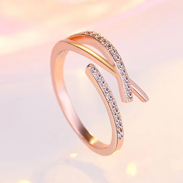 DRIARA 0176 Rose Gold Plated Elegant Double Line CZ Adjustable Korean Ring | Minimal Finger Ring for Women & Girls