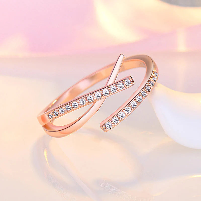 DRIARA 0176 Rose Gold Plated Elegant Double Line CZ Adjustable Korean Ring | Minimal Finger Ring for Women & Girls