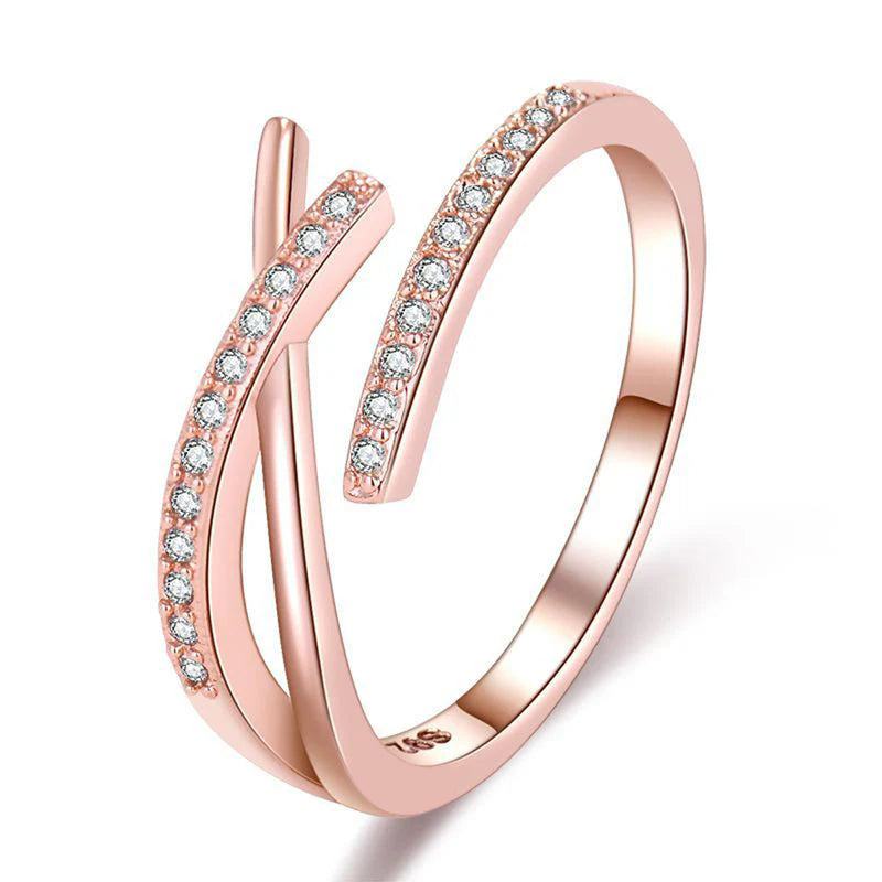 DRIARA 0176 Rose Gold Plated Elegant Double Line CZ Adjustable Korean Ring | Minimal Finger Ring for Women & Girls