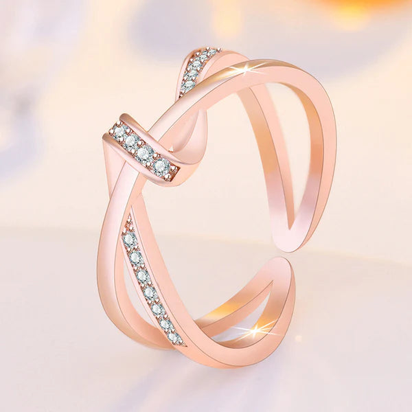 DRIARA 0174  Rose Gold Plated Criss-Cross CZ Adjustable Korean Ring | Stylish Finger Ring for Women & Girls