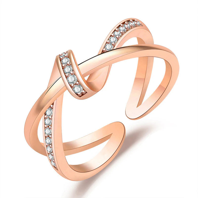 DRIARA 0174  Rose Gold Plated Criss-Cross CZ Adjustable Korean Ring | Stylish Finger Ring for Women & Girls