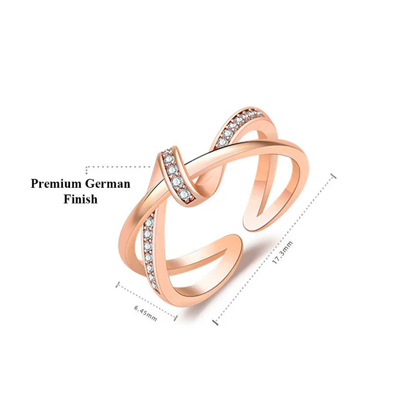 DRIARA 0174  Rose Gold Plated Criss-Cross CZ Adjustable Korean Ring | Stylish Finger Ring for Women & Girls