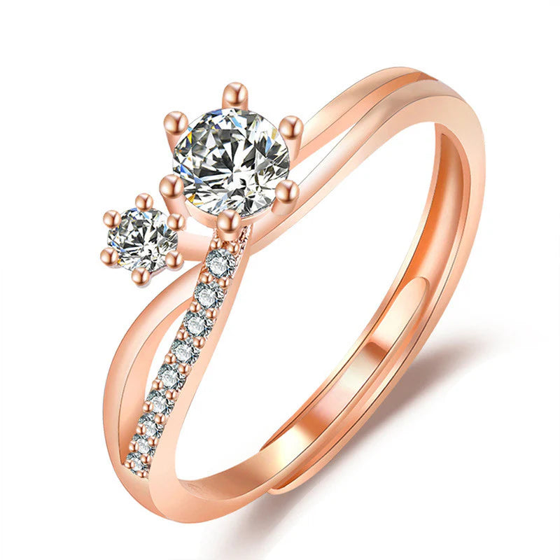 DRIARA 0175  Rose Gold Plated Double Stone CZ Adjustable Korean Ring | Stylish Finger Ring for Women & Girls