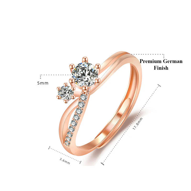 DRIARA 0175  Rose Gold Plated Double Stone CZ Adjustable Korean Ring | Stylish Finger Ring for Women & Girls