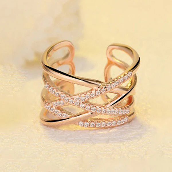DRIARA 0171 Rose Gold Plated Criss-Cross American Diamond Adjustable Ring | Stylish CZ Korean Finger Ring for Women & Girls