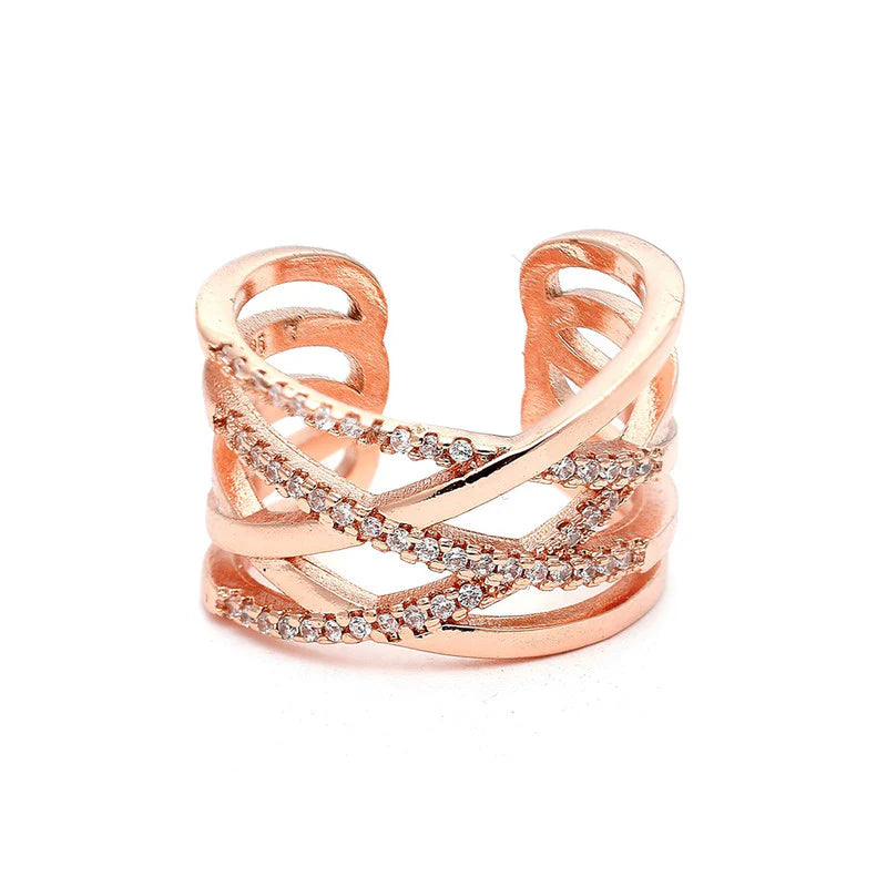 Driara 088 Rose Gold Criss-Cross American Diamond Adjustable Ring for Women & Girls | Premium Party Wear AD Finger Ring | Korean Style