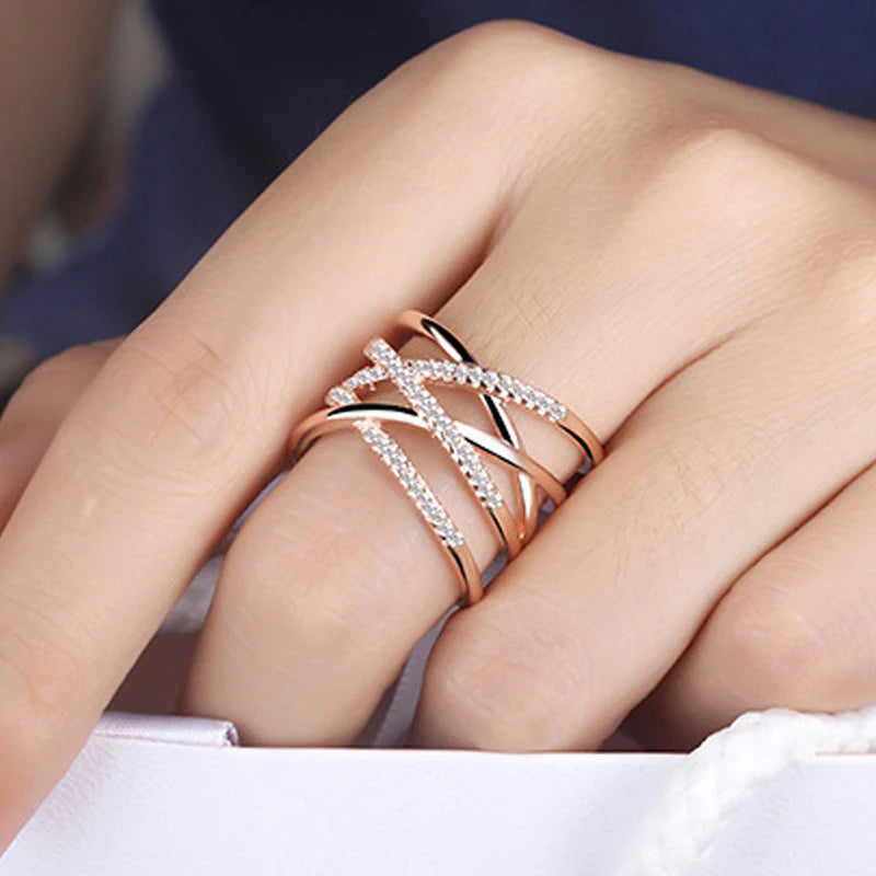 DRIARA 0171 Rose Gold Plated Criss-Cross American Diamond Adjustable Ring | Stylish CZ Korean Finger Ring for Women & Girls