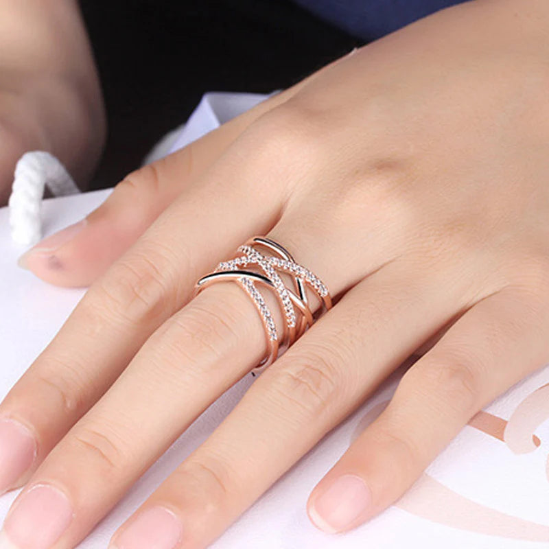 Driara 088 Rose Gold Criss-Cross American Diamond Adjustable Ring for Women & Girls | Premium Party Wear AD Finger Ring | Korean Style