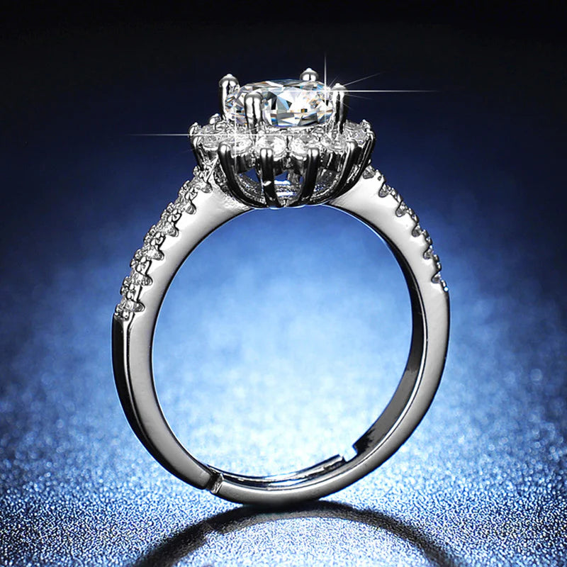 DRIARA 0161 Silver Plated Floral American Diamond Solitaire Adjustable Finger Ring | Premium Sparkling CZ Ring for Women