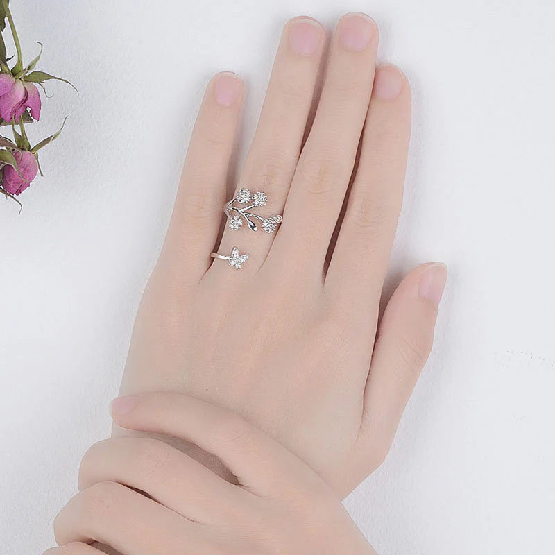 DRIARA 0165 Silver Plated Korean Floral American Diamond Adjustable Ring | Designer CZ Blossom Style Finger Ring for Women & Girls