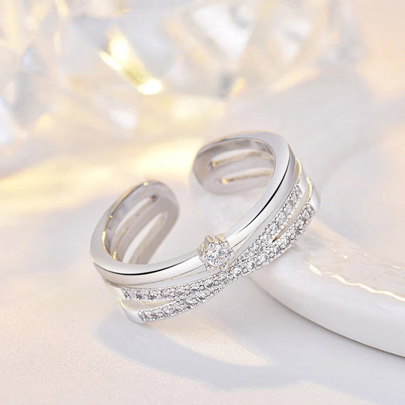 DRIARA 0166 Silver Plated Korean Dual-Line American Diamond Adjustable Ring | Trendy CZ Open Band Finger Ring for Women & Girls
