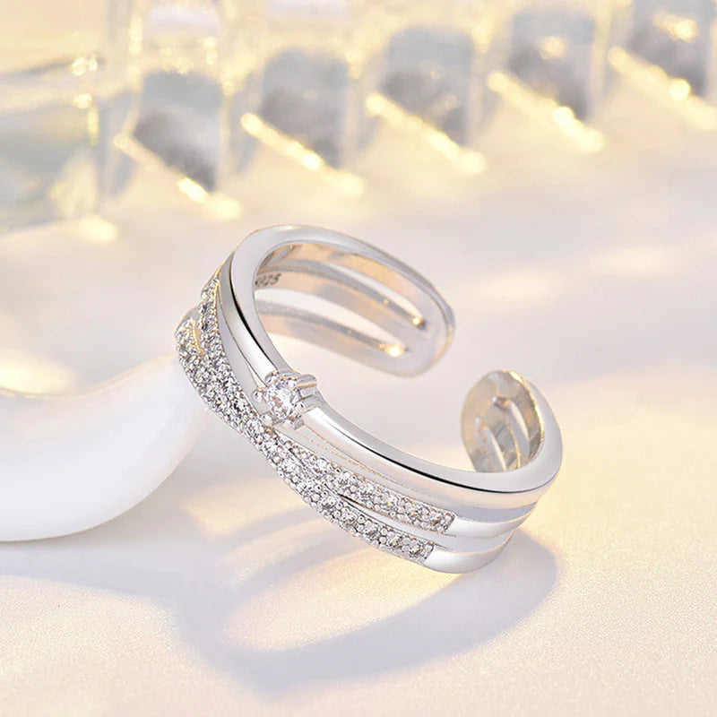DRIARA 0166 Silver Plated Korean Dual-Line American Diamond Adjustable Ring | Trendy CZ Open Band Finger Ring for Women & Girls