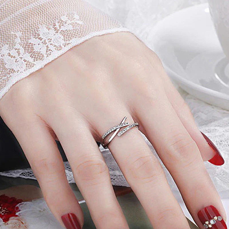 Driara 003 Elegant Silver Plated Crossover CZ Adjustable Ring for Women & Girls
