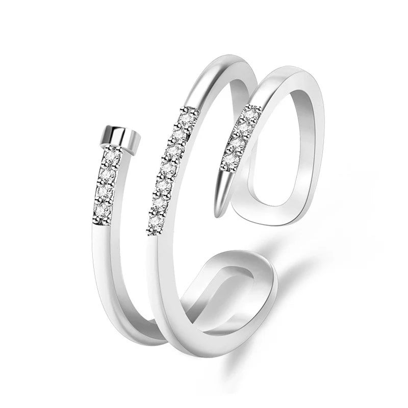 DRIARA 0160 Silver Plated Nail Shape American Diamond Adjustable Finger Ring | Korean Contemporary Style Ring for Women