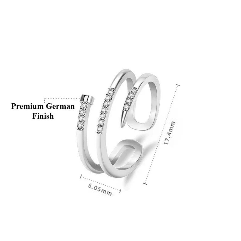 DRIARA 0160 Silver Plated Nail Shape American Diamond Adjustable Finger Ring | Korean Contemporary Style Ring for Women