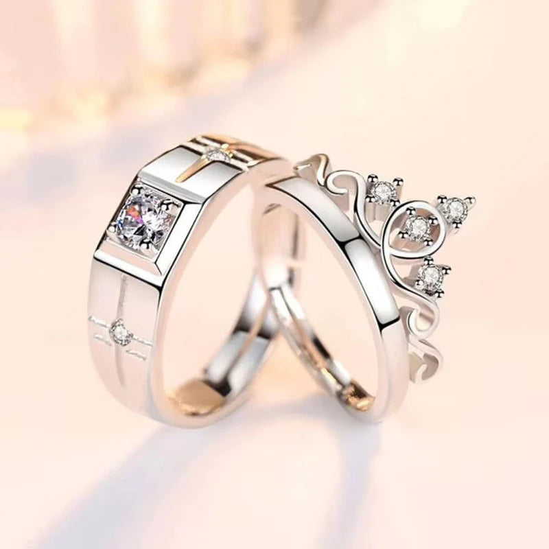 DRIARA 0159 Silver Plated Adjustable American Diamond Crown Couple Rings | Matching Love Bands for Him & Her