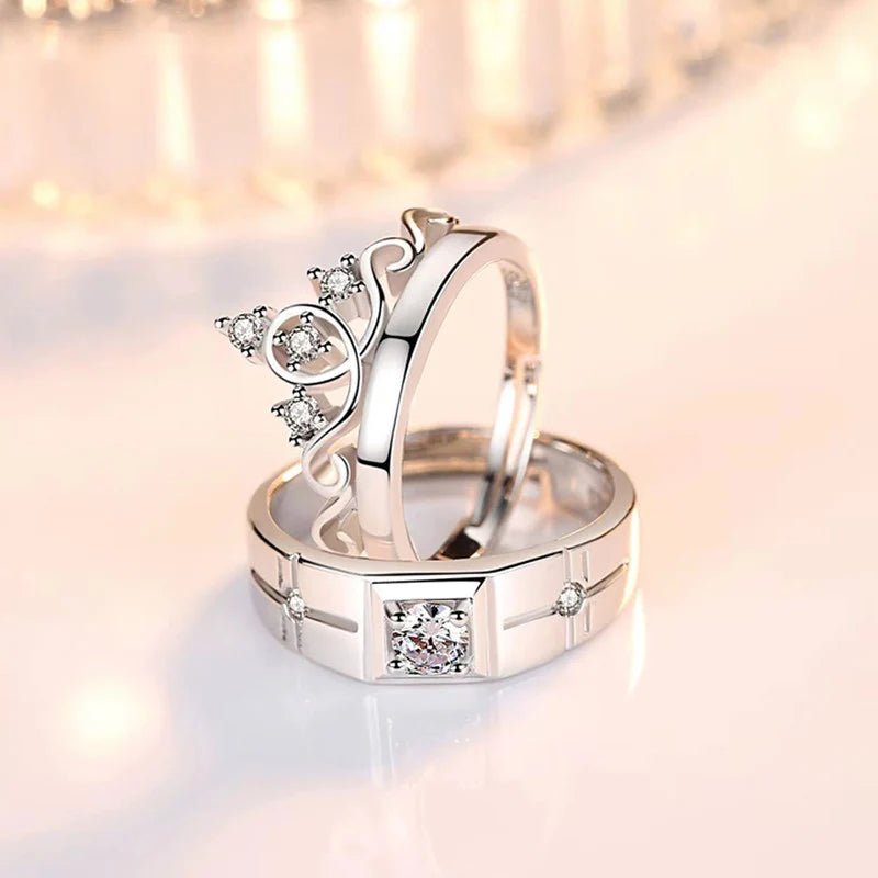 DRIARA 0159 Silver Plated Adjustable American Diamond Crown Couple Rings | Matching Love Bands for Him & Her
