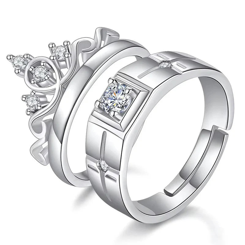 DRIARA 0159 Silver Plated Adjustable American Diamond Crown Couple Rings | Matching Love Bands for Him & Her
