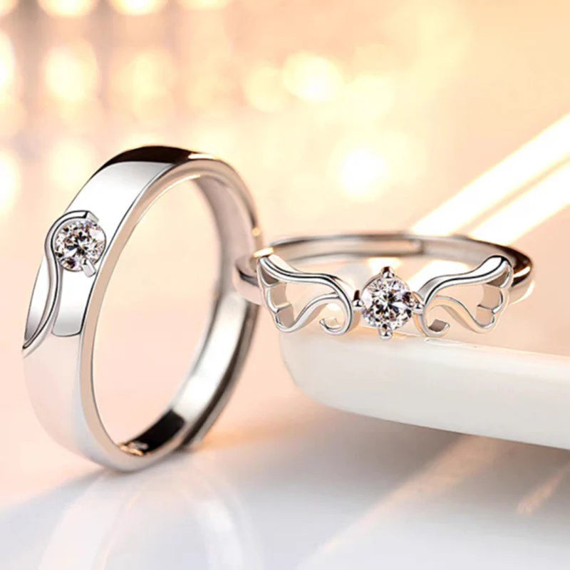 DRIARA 0157 Silver Plated American Diamond Wave Design Adjustable Couple Rings | Elegant Matching Band for Him & Her