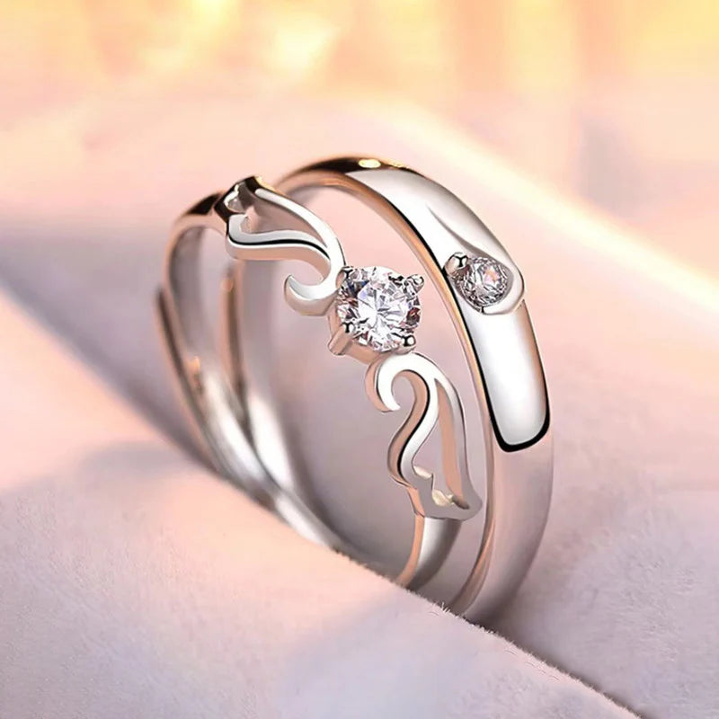 DRIARA 0157 Silver Plated American Diamond Wave Design Adjustable Couple Rings | Elegant Matching Band for Him & Her