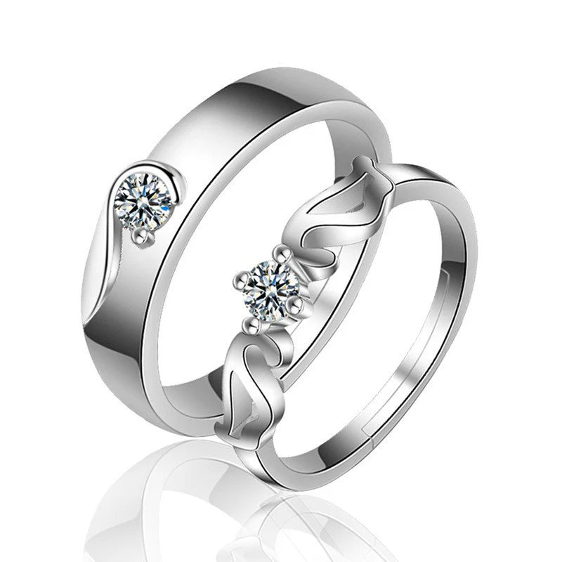 DRIARA 0157 Silver Plated American Diamond Wave Design Adjustable Couple Rings | Elegant Matching Band for Him & Her